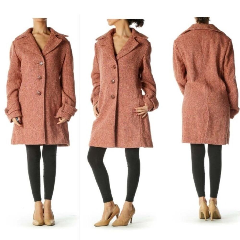 Vintage Cabi long pink/peach wool herringbone single breasted coat size 6